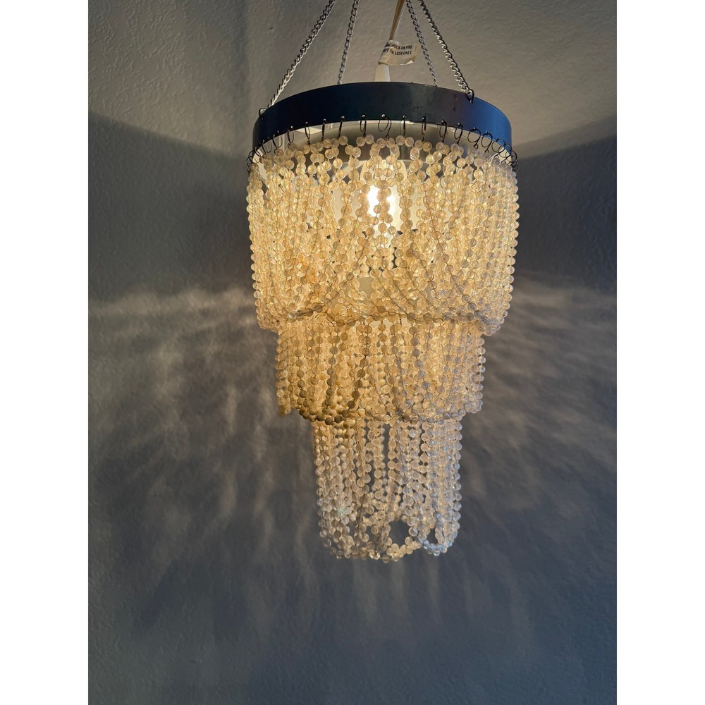 Vintage 3 Tier Faux Pearl Beaded Chandelier Pendant Light Grey Metal Frame 15in